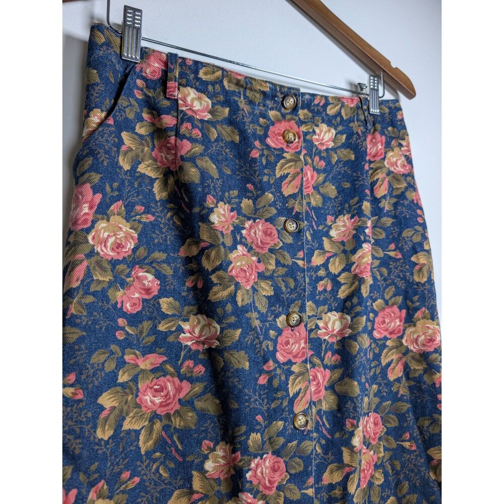 Vintage Orvis Floral Denim Midi Skirt Rose Print Button Front Cotton Cottagecore - Picture 4 of 9